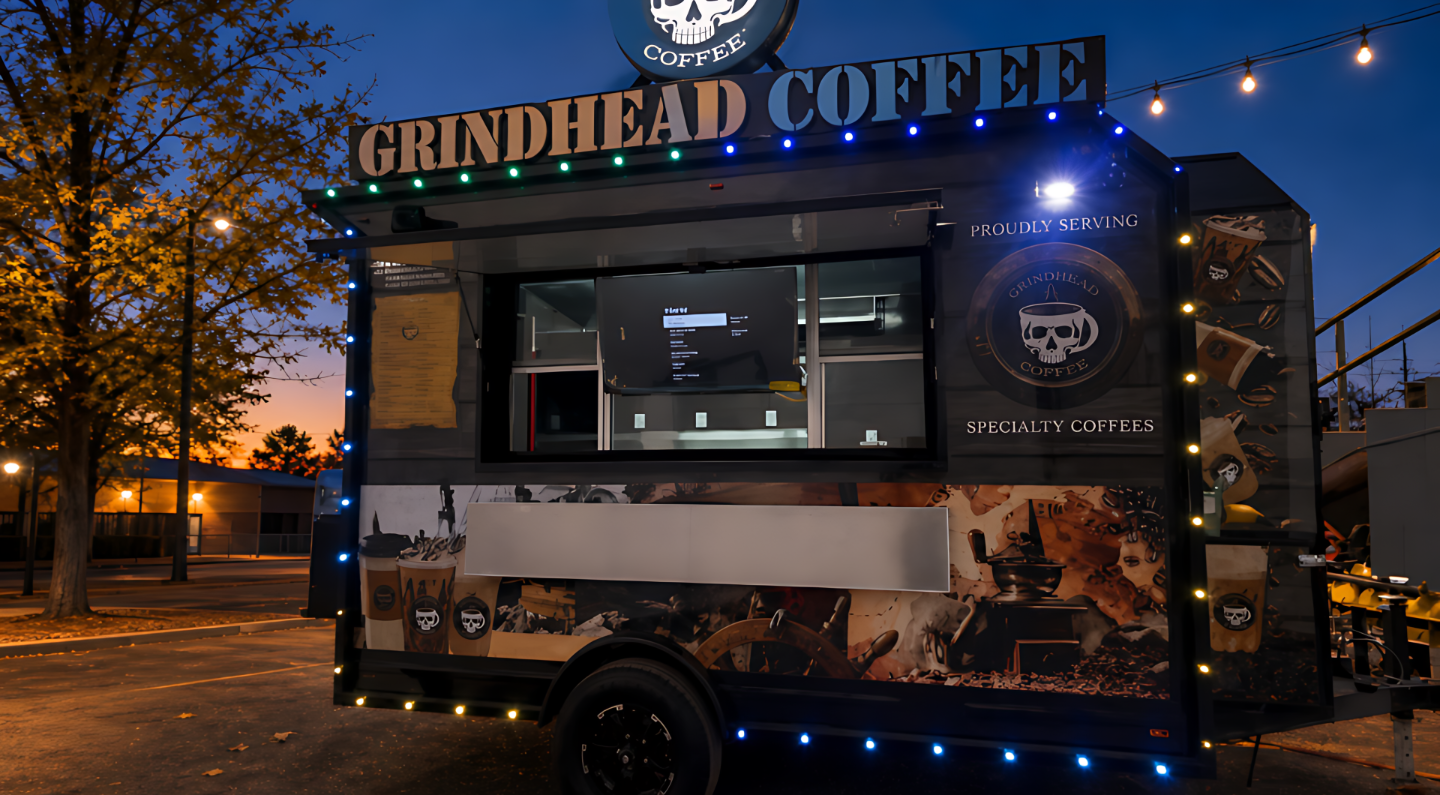 Grindhead Coffee mobile trailer at golden hour with customers and string lights
