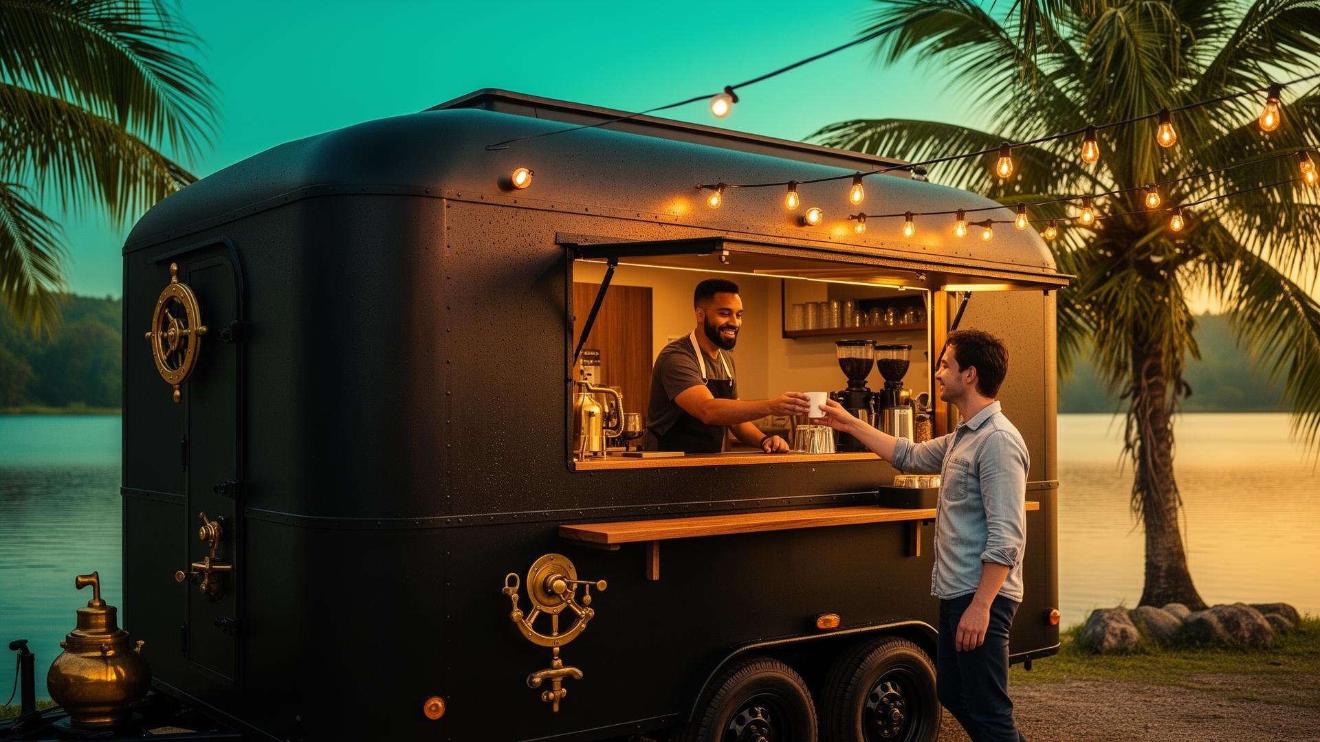 Grindhead Coffee mobile trailer at golden hour with string lights